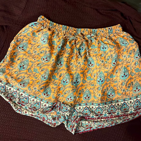 Swarna Pants - Swarna Silk Blend Shorts Wide Leg Super Soft Elastic Print Greek Size Large